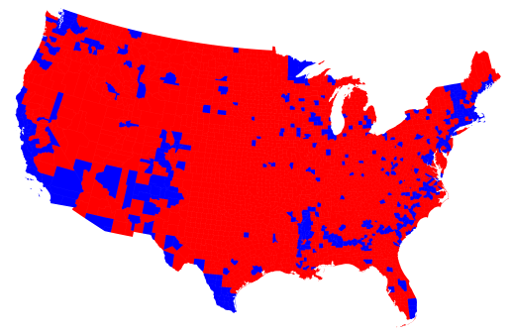 En rouge... Les comtés majoritairement pour Trump 