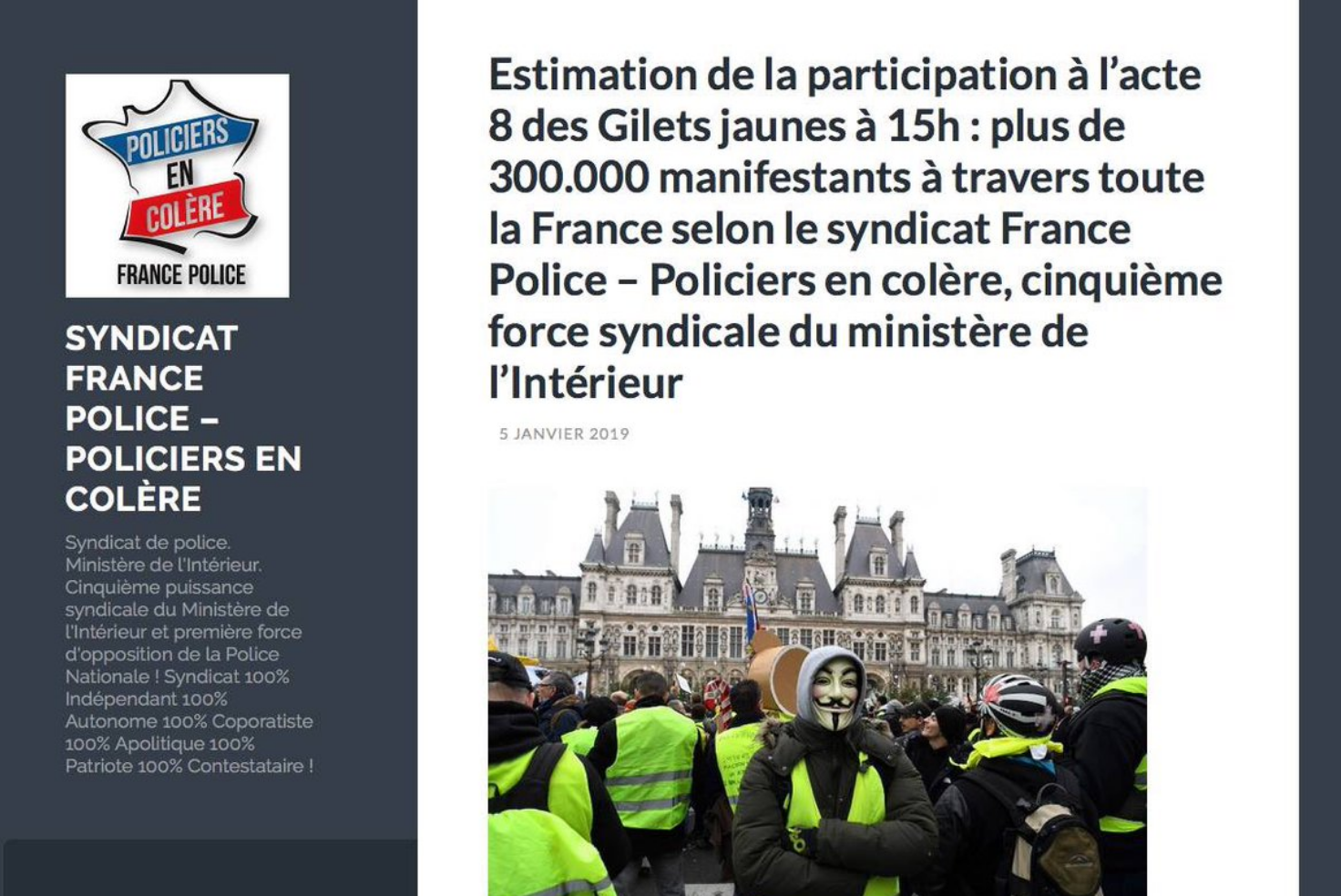 Acte 8 / les vraies estimations policières de la mobilisation populaire : 300 000 Gilets jaunes