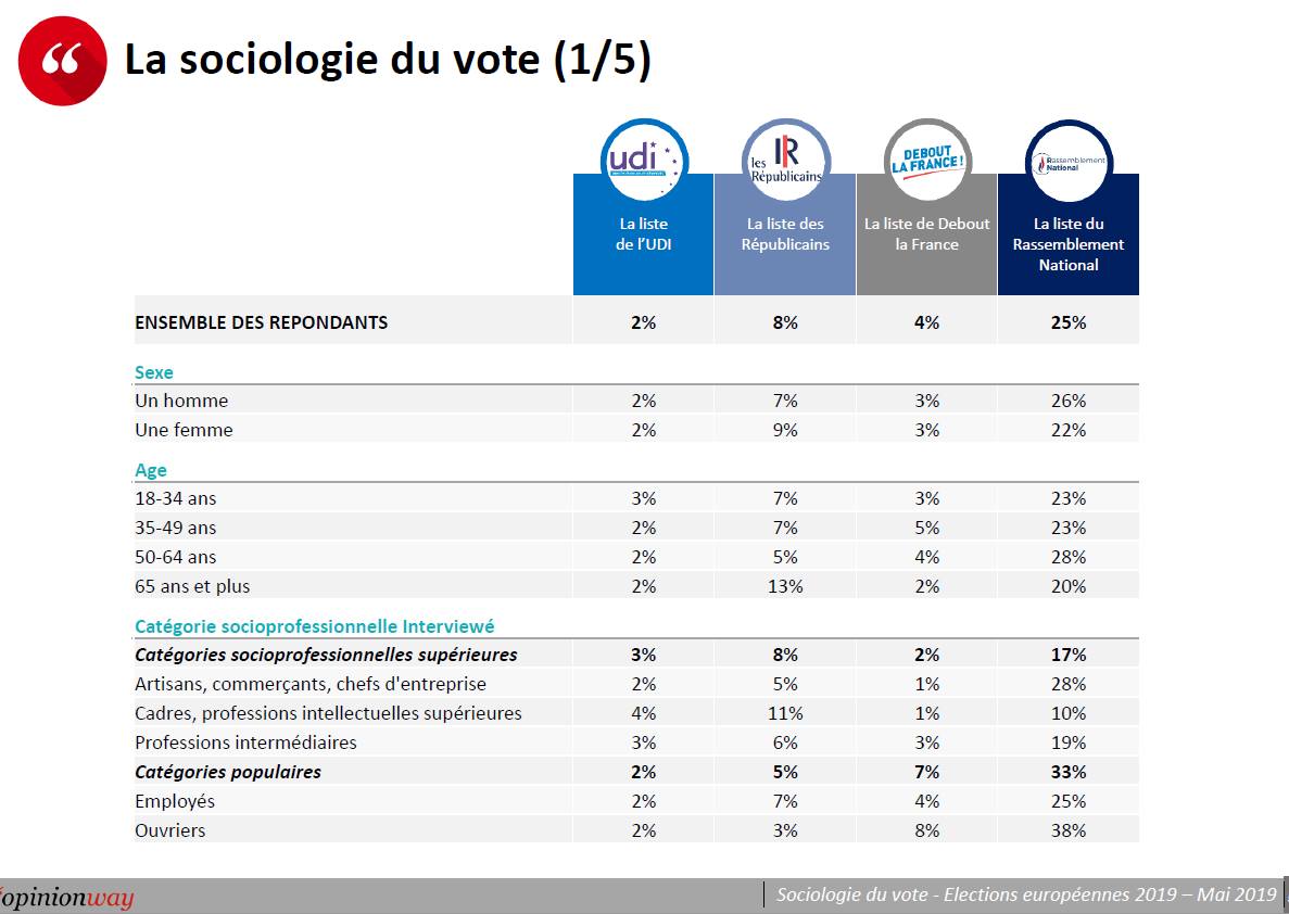 Européennes en France : la sociologie des votes UDI / LR / DLF / RN
