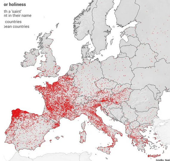 Cartographie de toutes les villes nommées d’après un saint en Europe