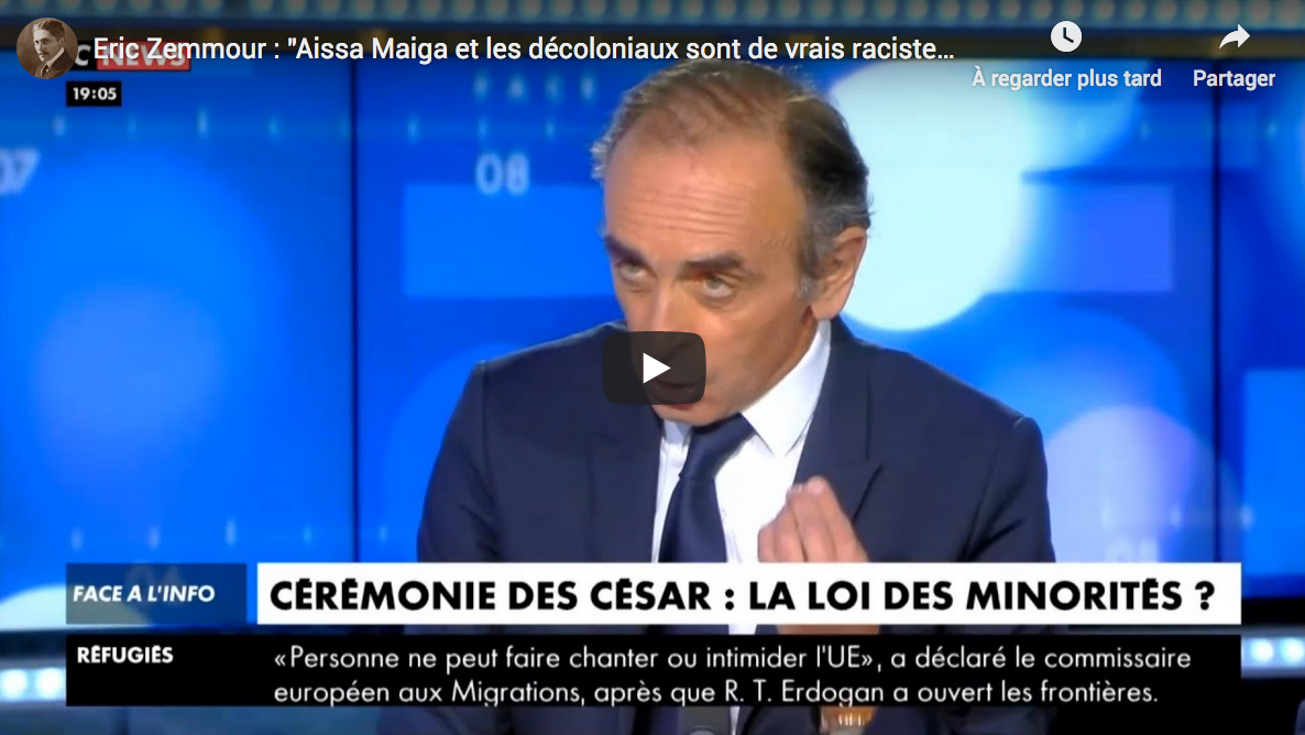 Éric Zemmour : "Aissa Maiga et les décoloniaux sont de ...