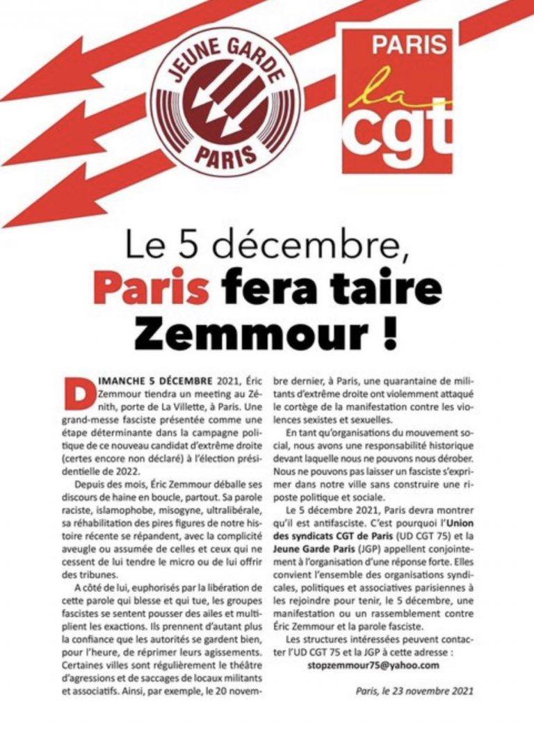 La CGT et les antifas de la Jeune Garde appellent à “faire taire” Eric Zemmour, préparons-nous à les recevoir le 5 décembre comme ils le méritent !
