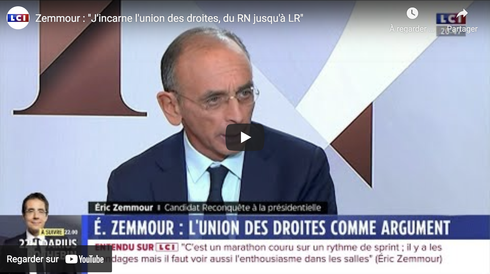 Éric Zemmour : “J’incarne l’union des droites, du RN jusqu’à LR” (VIDÉO)
