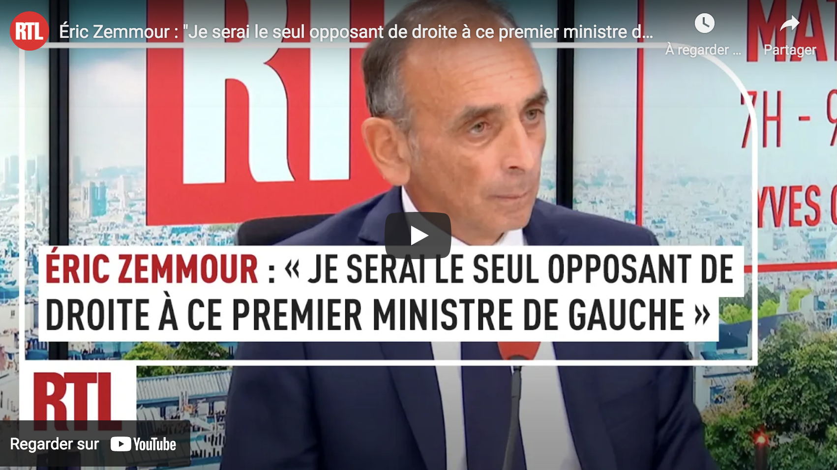 Éric Zemmour : “Je serai le seul opposant de droite à ce premier ministre de gauche” (VIDÉO)