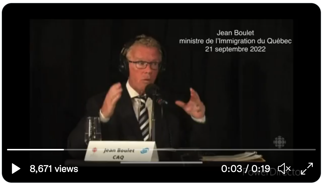 Jean Boulet, ministre de l’Immigration du Québec : « 80% des immigrants s’en vont à Montréal, ne travaillent pas, parlent pas français ou n’adhèrent pas aux valeurs de la société québécoise” (VIDÉO)