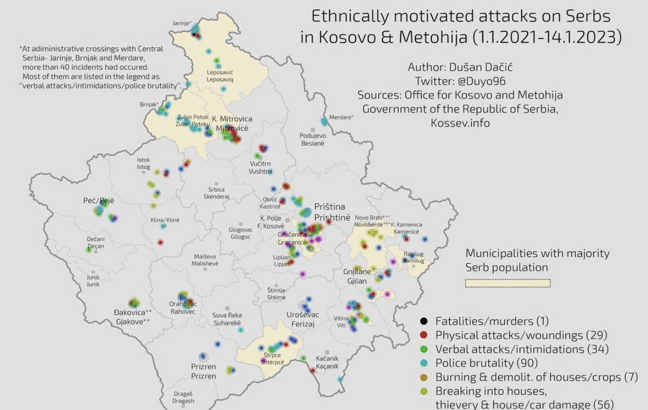 Carte des agressions antiserbes au Kosovo ces deux dernières années