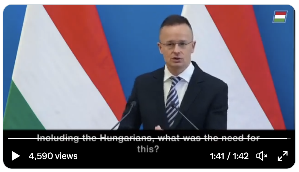 Le ministre hongrois des Affaires étrangères s’en prend à l’Ukraine : « Loi après loi, ils réduisent les droits des Hongrois de souche en Ukraine, comme pour toutes les minorités » (VIDÉO)