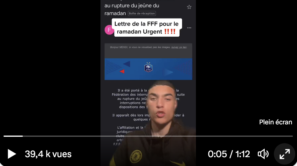 La Fédération française de football a envoyé un mail à tous les arbitres de France pour rappeler qu’il est interdit d’interrompre un match suite à la rupture du jeûne du ramadan (VIDÉO)