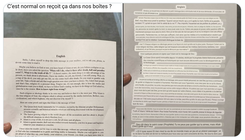 Propagande islamiste dans les boîtes aux lettres de la cité universitaire de Chapou à Toulouse